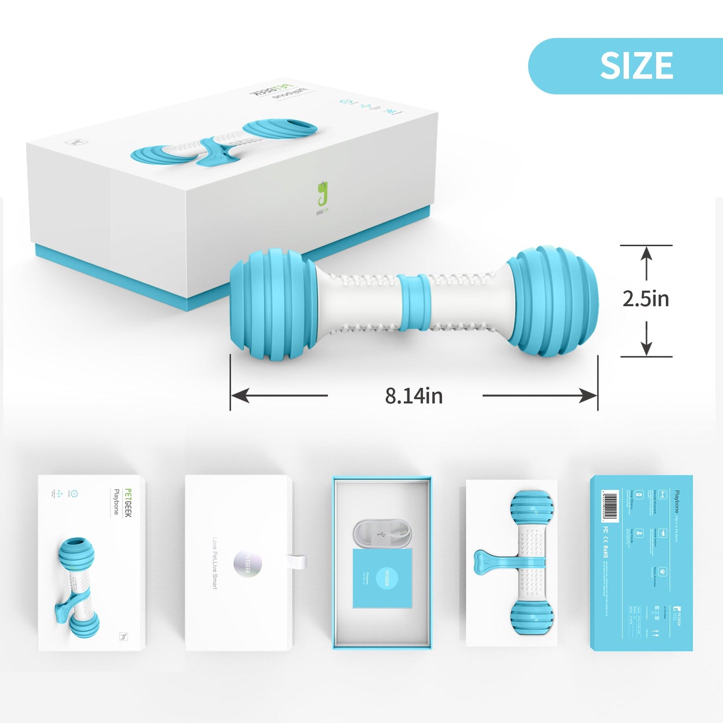 PETGEEK Juguetes interactivos para perros, juguetes automáticos para mantenerlos ocupados, huesos electrónicos para perros con material seguro y duradero, equipados con USB recargable (azul)