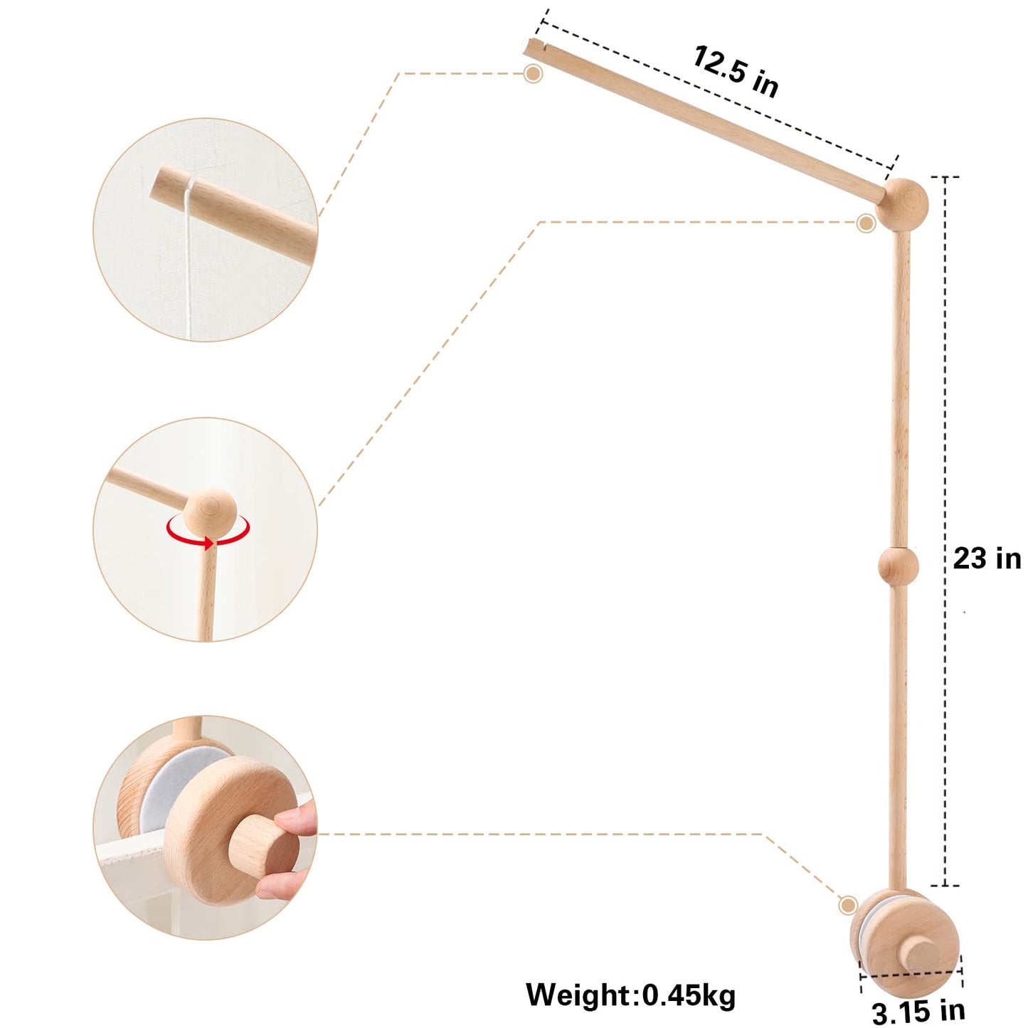 HBM Brazo móvil de madera para cuna de bebé, brazo móvil para cuna para decoración de guardería