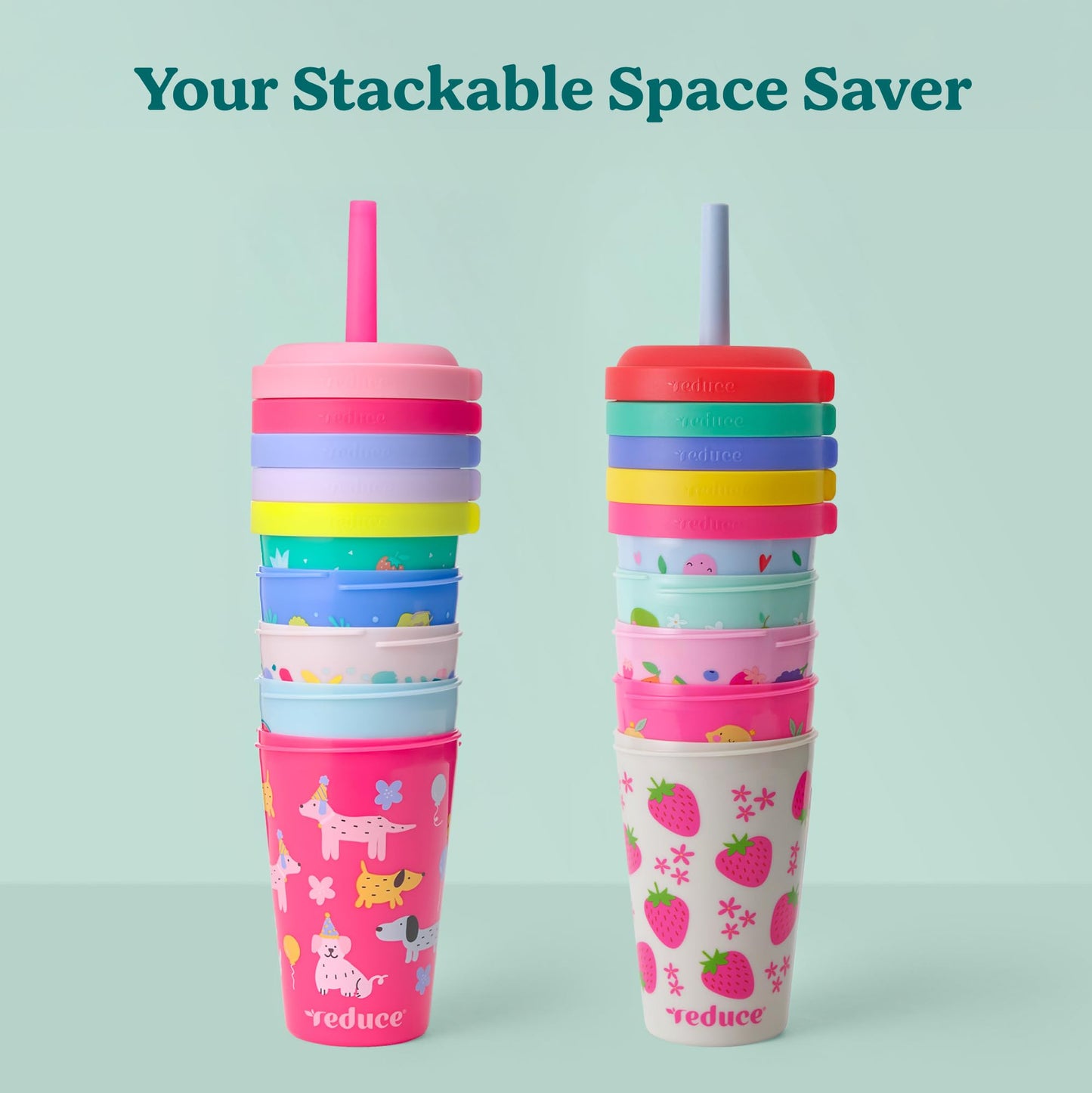 REDUCE GoGo's Vasos Tumbler Portátiles para Niños con Tapas y Pajitas a Prueba de Derrames - Paquete de 10 Vasos Apilables de 12 oz con Tapas de Rosca - Fácil Almacenamiento, Apto para Lavavajillas
