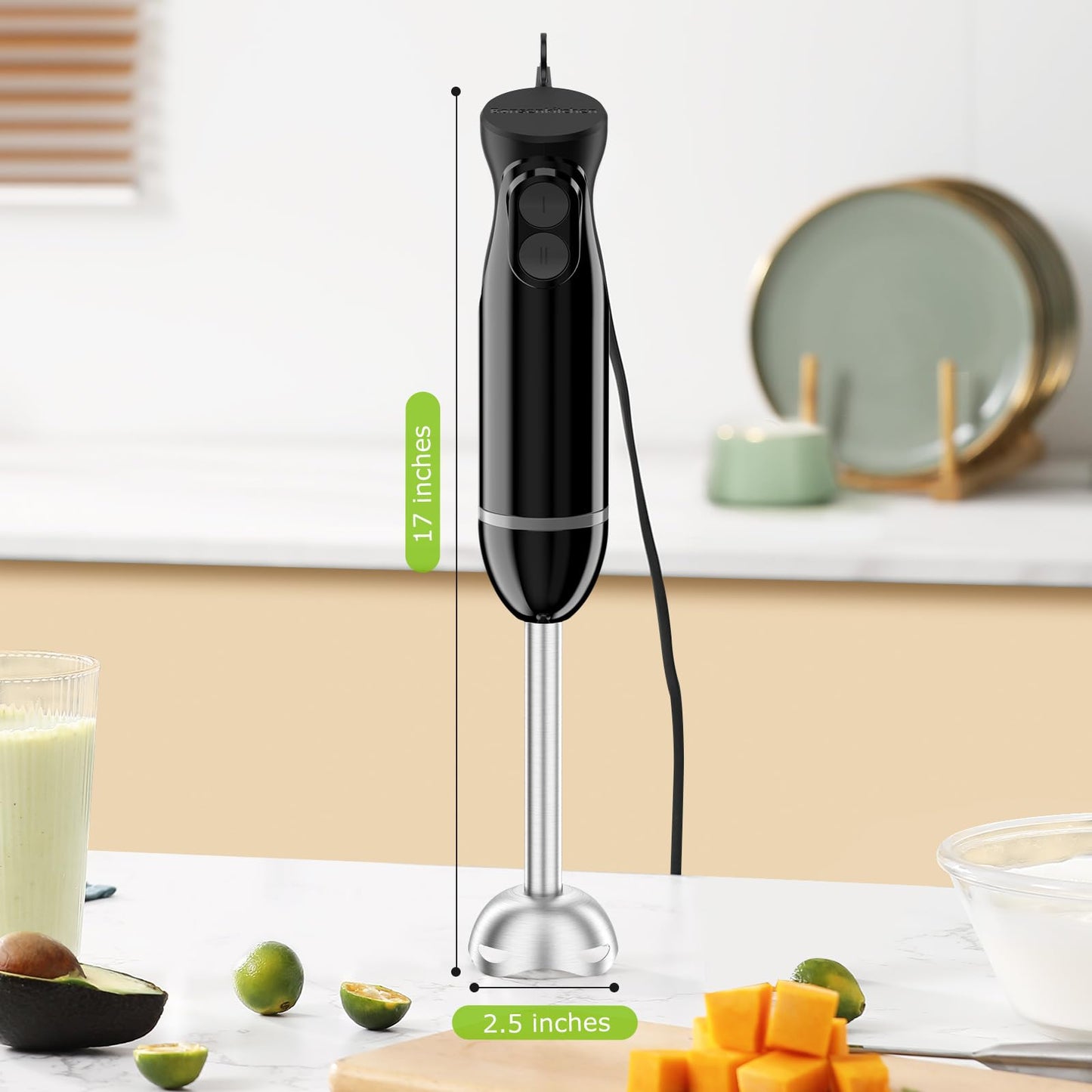 Bonsenkitchen Batidora de mano con 2 velocidades de mezcla, batidora de mano eléctrica portátil con cuchillas de acero inoxidable para sopa, licuado, puré, comida para bebés