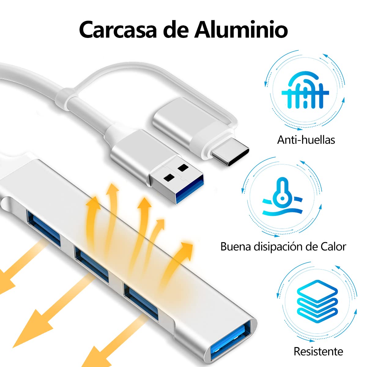 Adaptador USB C EMAGIE Plata 6 en 1 con 4 Puertos USB 3.0 para Windows y MacOS