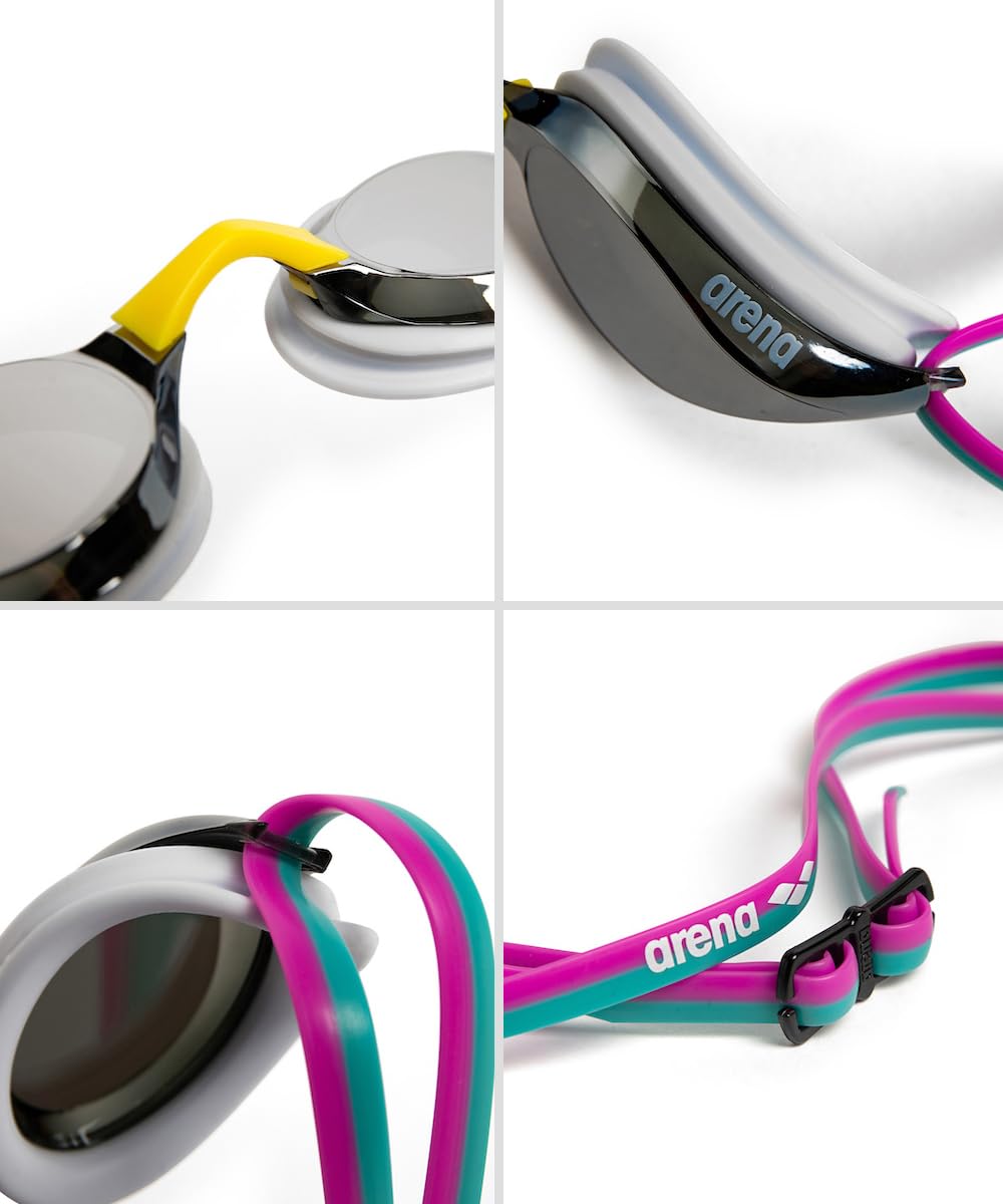 ARENA - anteojos de natación unisex para adultos, para hombres y mujeres, lentes de espejo antivaho, máxima comodidad, doble correa, plateado/blanco/fucsia