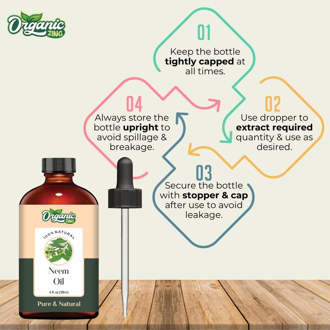 Organic Zing Neem (Azadirachta Indica) Oil | Pure & Natural Carrier Oil for Skin Care & Hair Care - 118ml/3.99fl oz