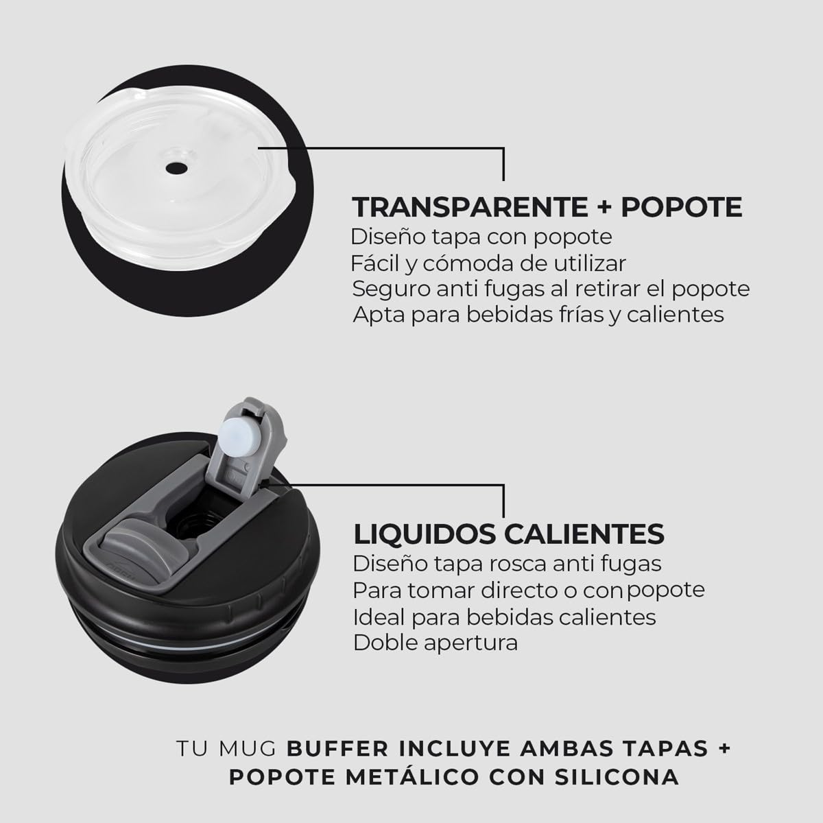 Buffer Flask - Vaso Térmico 700 ml - Termo para Café y Agua de Acero Inoxidable - Tapa Anti Derrame y Fugas - Taza Tumbler Mug para Bebidas Frías y Calientes - Incluye Popote - Color Negro