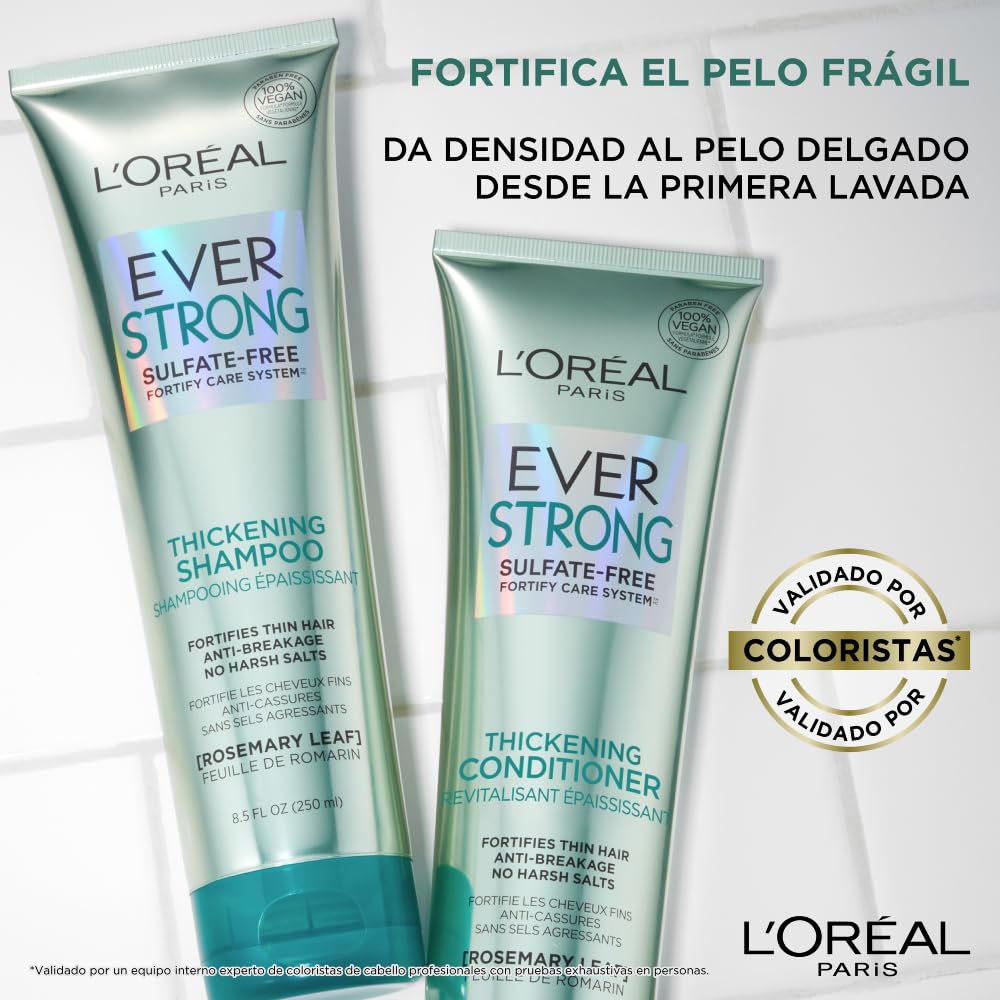 L’Oréal Paris Shampoo con hoja de romero Ever Strong, aporta densidad al pelo delgado previniendo la caída, para todo tipo de pelo teñido, sin Sulfatos, 250ml