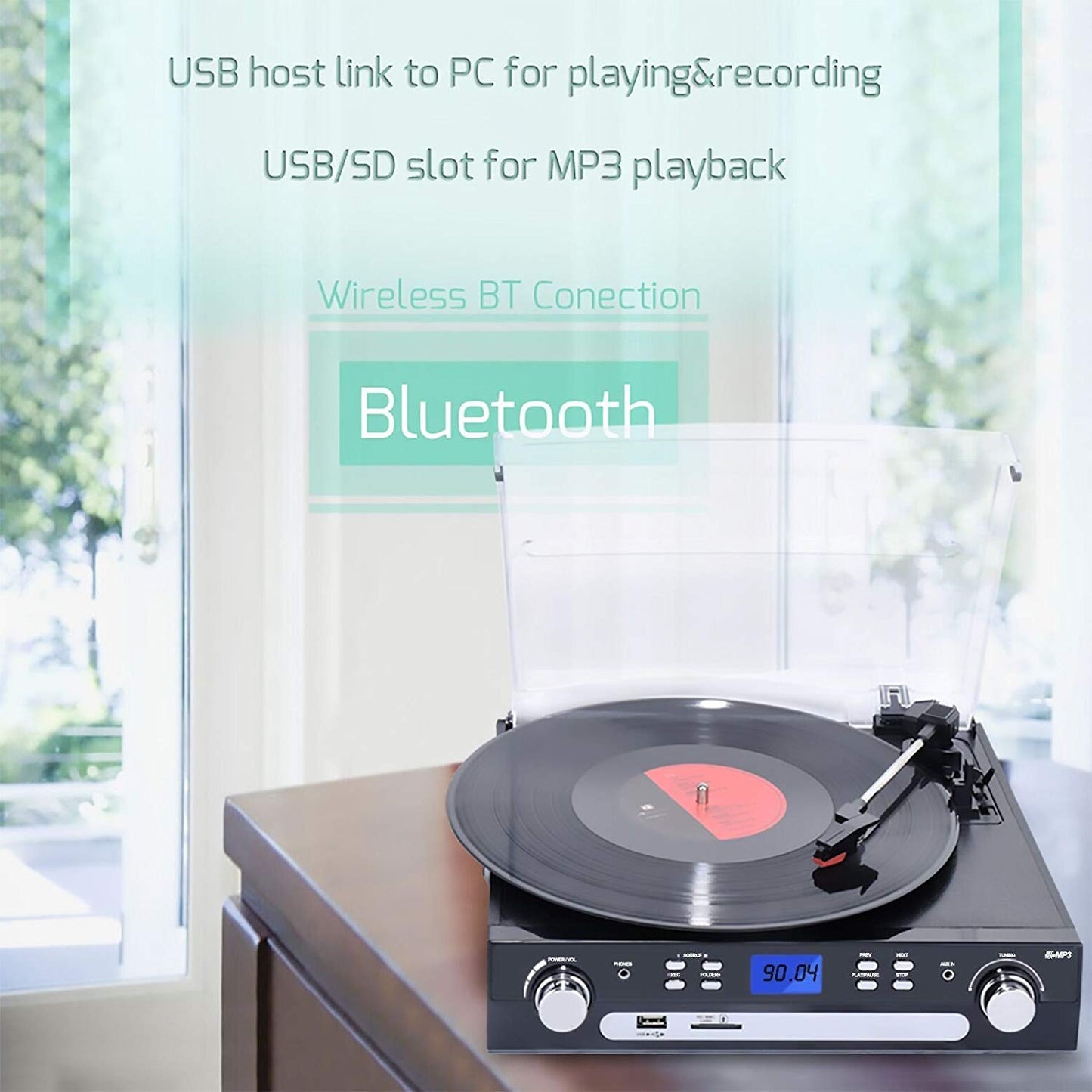 DIGITNOW - Tocadiscos de vinilo LP, con Bluetooth, radio AM y FM, cinta de casete, entrada auxiliar, codificación USB SD y reproducción de MP3 altavoces estéreo integrados, conector para auriculares de 3,5 mm, control remoto y pantalla LCD