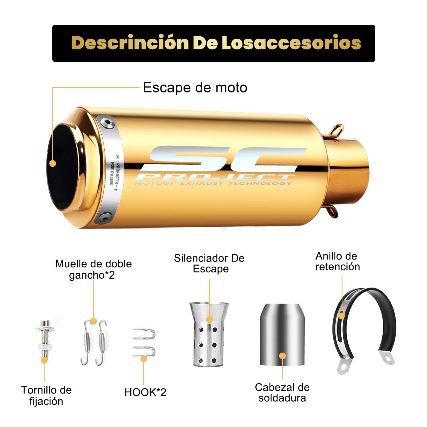 Kayoosi Escape de Moto Gold, Tubos de Silenciador de Escape Universal de 51mm, Tubo de Escape de Acero Inoxidable para Motos, Street Bikes, Dirt Bikes, Atvs Y Más, Scooters (Dorado)