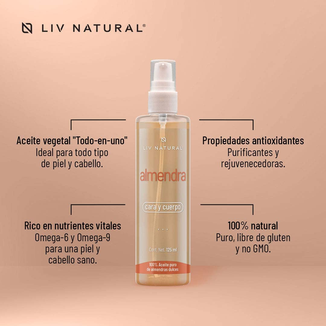 LIV NATURAL Aceite de almendras dulces 100% natural y puro, prensado en frío, libre de gluten y no GMO. 125 ml