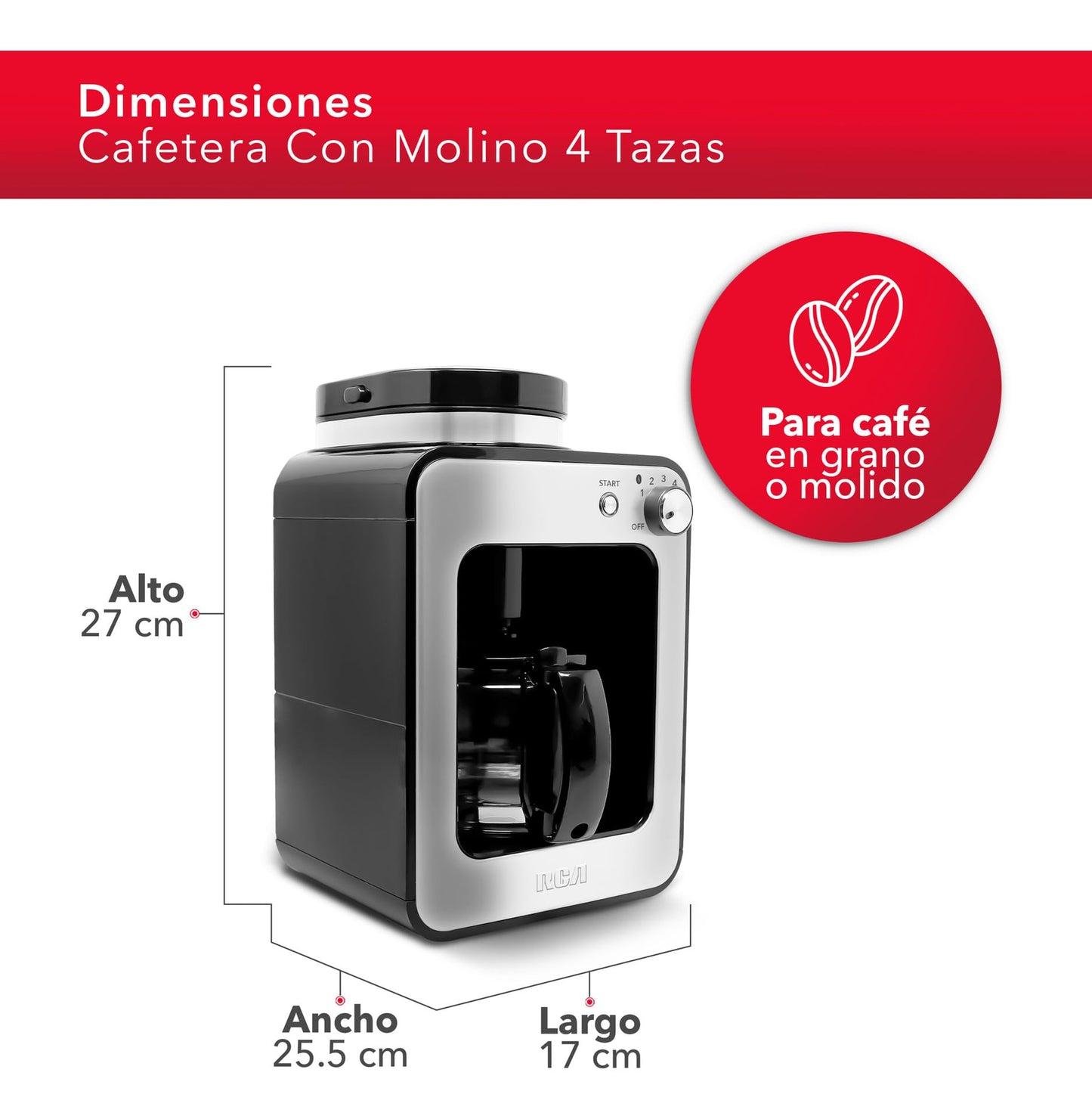 Cafetera RCA Inoxidable con Molino Integrado y Sistema Antigoteo Automática para 4 Tazas