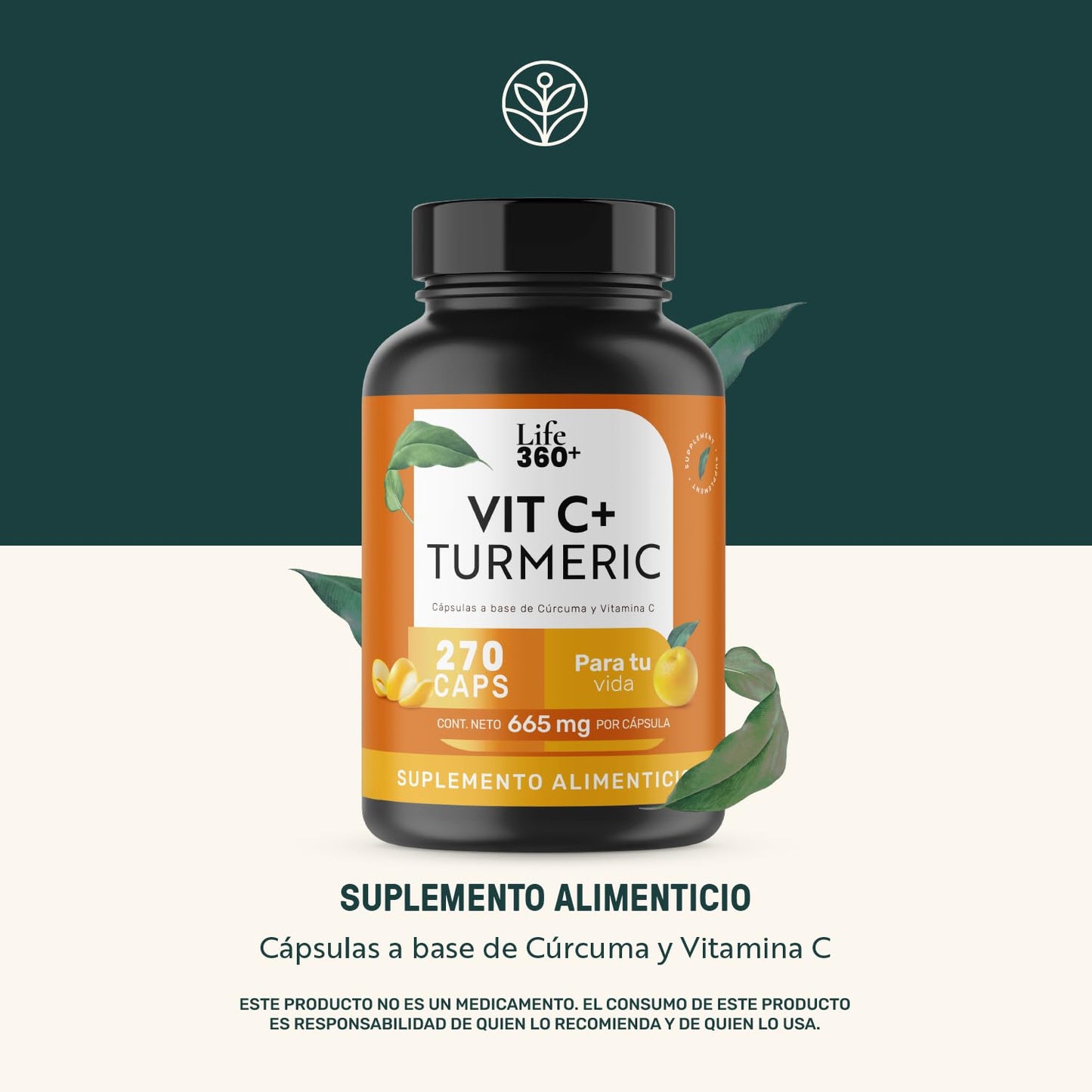 LIFE 360+ Vit C+ Turmeric | 270 Cápsulas | Ácido Ascórbico, Cúrcuma en Polvo Raíz de Cúrcuma y Estearato de Magnesio | Suplemento Alimenticio Vitamina C | Cápsulas de Gelatina | 270 Porciones