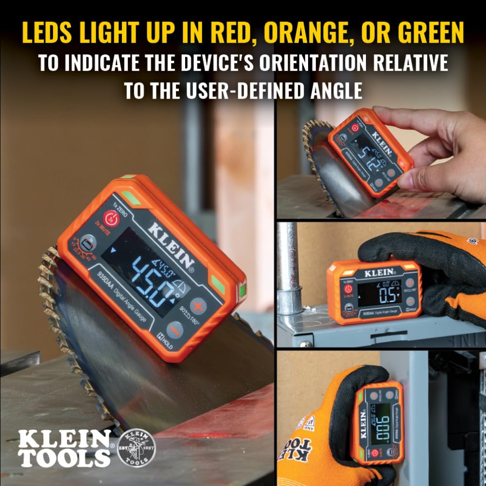 Klein Tools 935DAA Medidor electrónico digital de nivel y ángulo, alerta de ángulo LED, medición y ajuste de ángulos, rangos de 0-90 y 0-180 grados