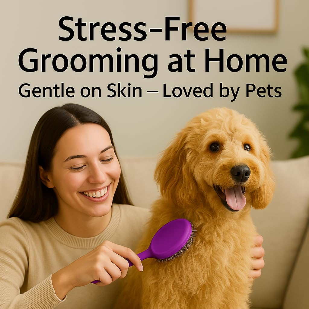 Cepillo de cerdas redondas para perros y gatos, cuidado suave para pelo corto o largo, herramienta suave para pieles sensibles elimina la caspa, la suciedad y desenreda – morado
