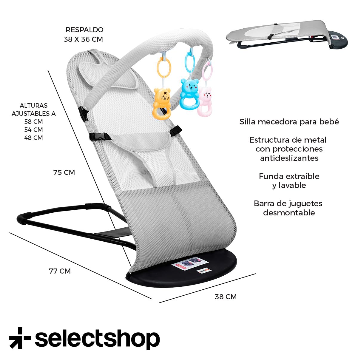 Silla Mecedora SELECTSHOP Gris Portátil de Lujo Asiento Transpirable y Cómodo Para Bebé
