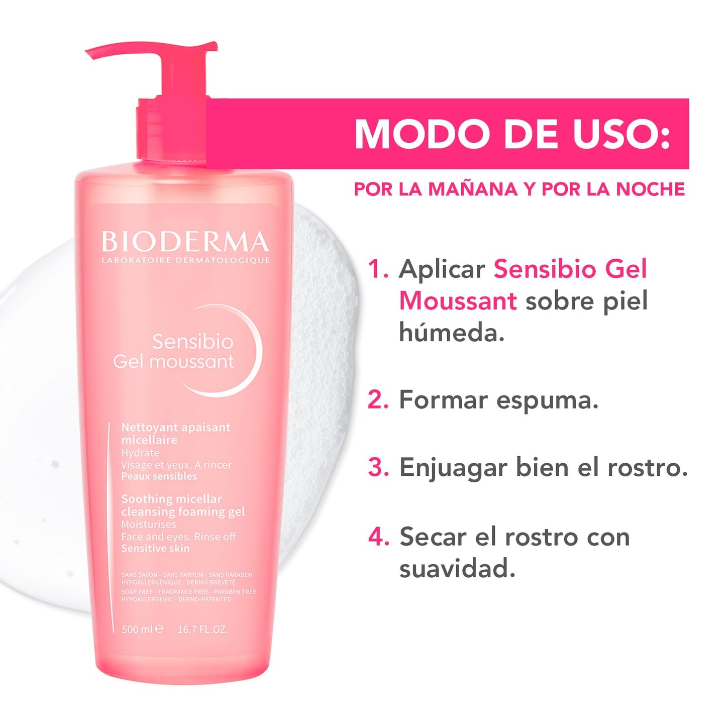 BIODERMA, Limpiador Facial, Sensibio Gel Moussant, Gel Micelar para Piel Sensible, Hidratación al instante, 500 ml