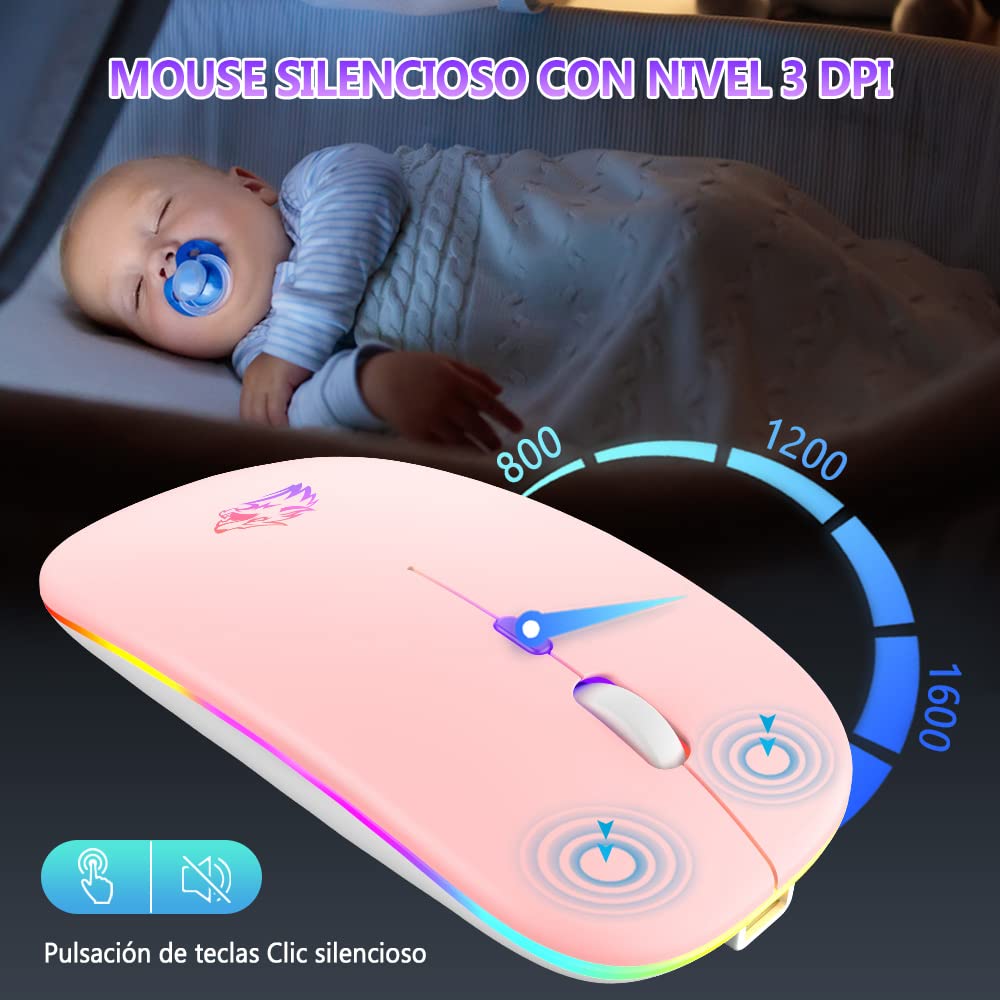 Free wolf X15 Mouse Inalámbrico, Mouse Bluetooth y 2.4GHz Modos Dual Recargable y Ergonómico, Click Silencioso con Receptor USB 3 Ajustable dpi Ratón para Computadora, Portátil, PC, Mac (Rosa)