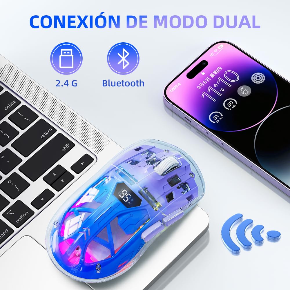 Free Wolf Mouse Inalámbrico A2, Bluetooth y 2.4GHZ Dual Modos, Ratón Recargable con Pantalla de Batería, 4000DPI Ajustable Transparente RGB Mouse Gamer
