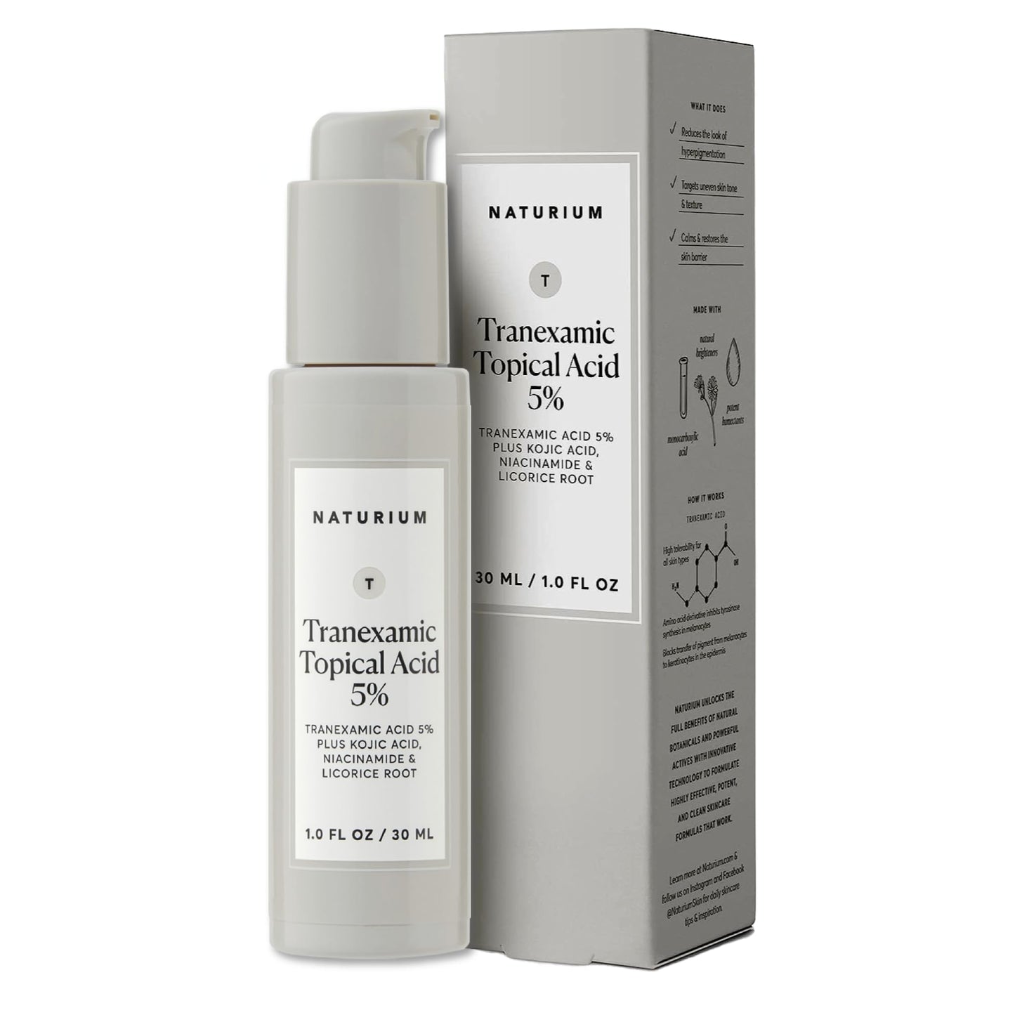 Naturium Ácido tópico tranexámico 5%, más ácido kójico, niacinamida y raíz de regaliz, tratamiento de cuidado facial y piel, removedor de manchas oscuras, 1 onza