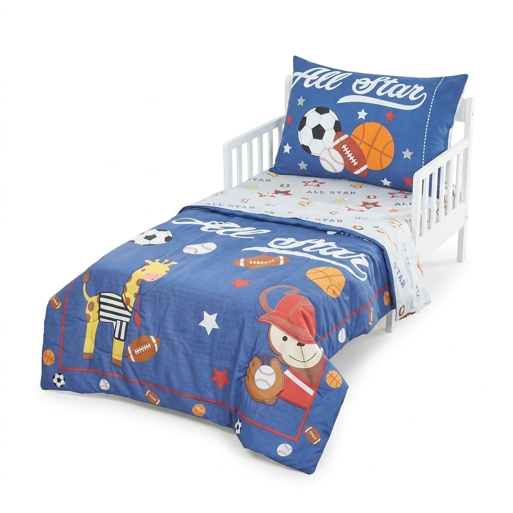 EVERYDAY KIDS - Juego de ropa de cama de 4 piezas para niños pequeños – Jungle Sports – Suave percal 100% algodón, incluye edredón, sábana encimera, sábana bajera ajustable y funda de almohada