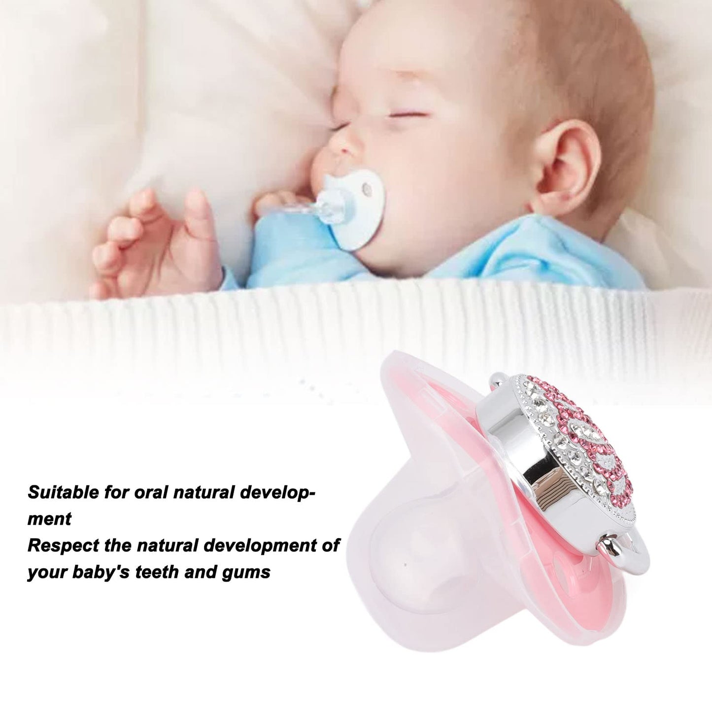 Chupete de Lujo con de Diamantes de Imitación para bebé con Silicona Súper Suave, Clip de Cadena para Bebés de 6 a 18 Meses (Rosa)