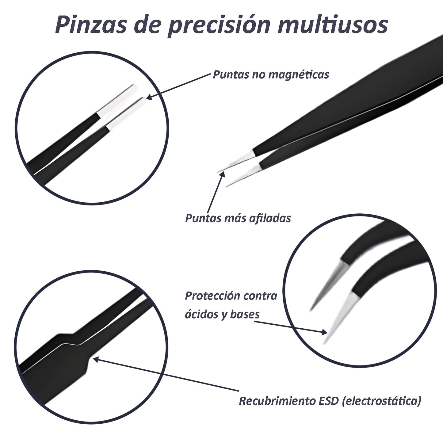 KASIKAI Kit de 10 Tweezers y Pinzas de Precisión ESD Antiestáticas - Chazón Profesional, Acero Inoxidable con Palanca Metálica + Maletín Oxford (Electrónica/Laboratorio/Joyería/Depilar)