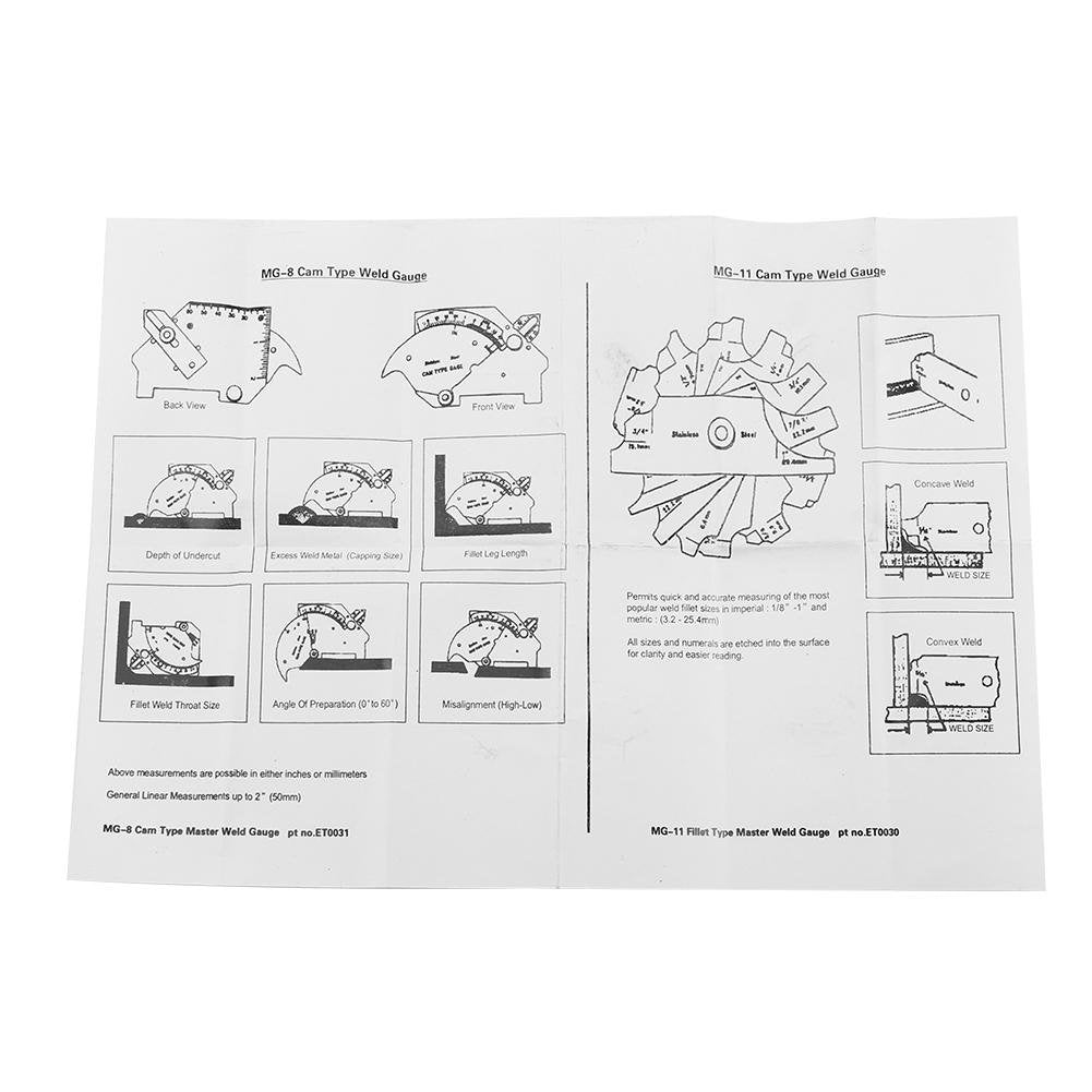 Juego de medidores de inspección de soldadura de filete de 7 piezas con estuche de cuero - (1/8 "- 1") Medición cubital y pulgada para verificar la longitud de la pierna y el grosor.