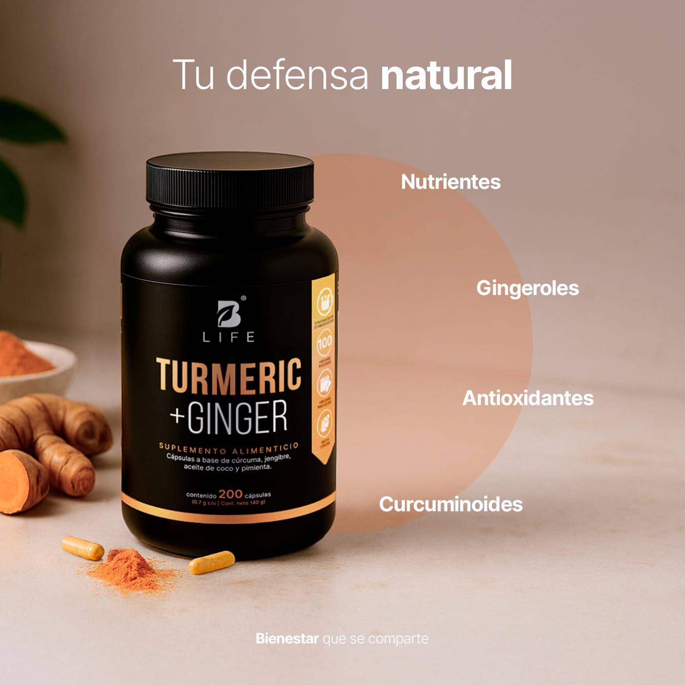 B Life Cúrcuma Con Jengibre y Aceite De Coco | 200 Cápsulas | 1400 mg por porción | Adicionado con Pimienta Negra | Turmeric + Ginger.