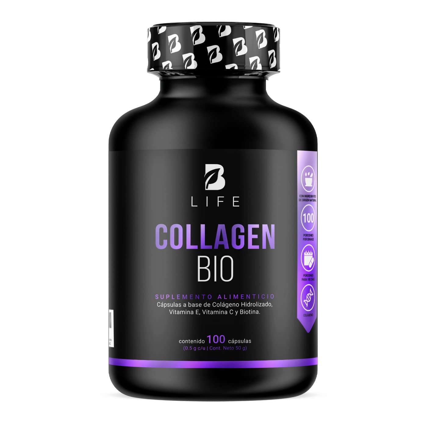 Biotina de 100 Cápsulas. Ingredientes naturales: Colágeno, Vitamina E y Vitamina C. Collagen Bio B Life.