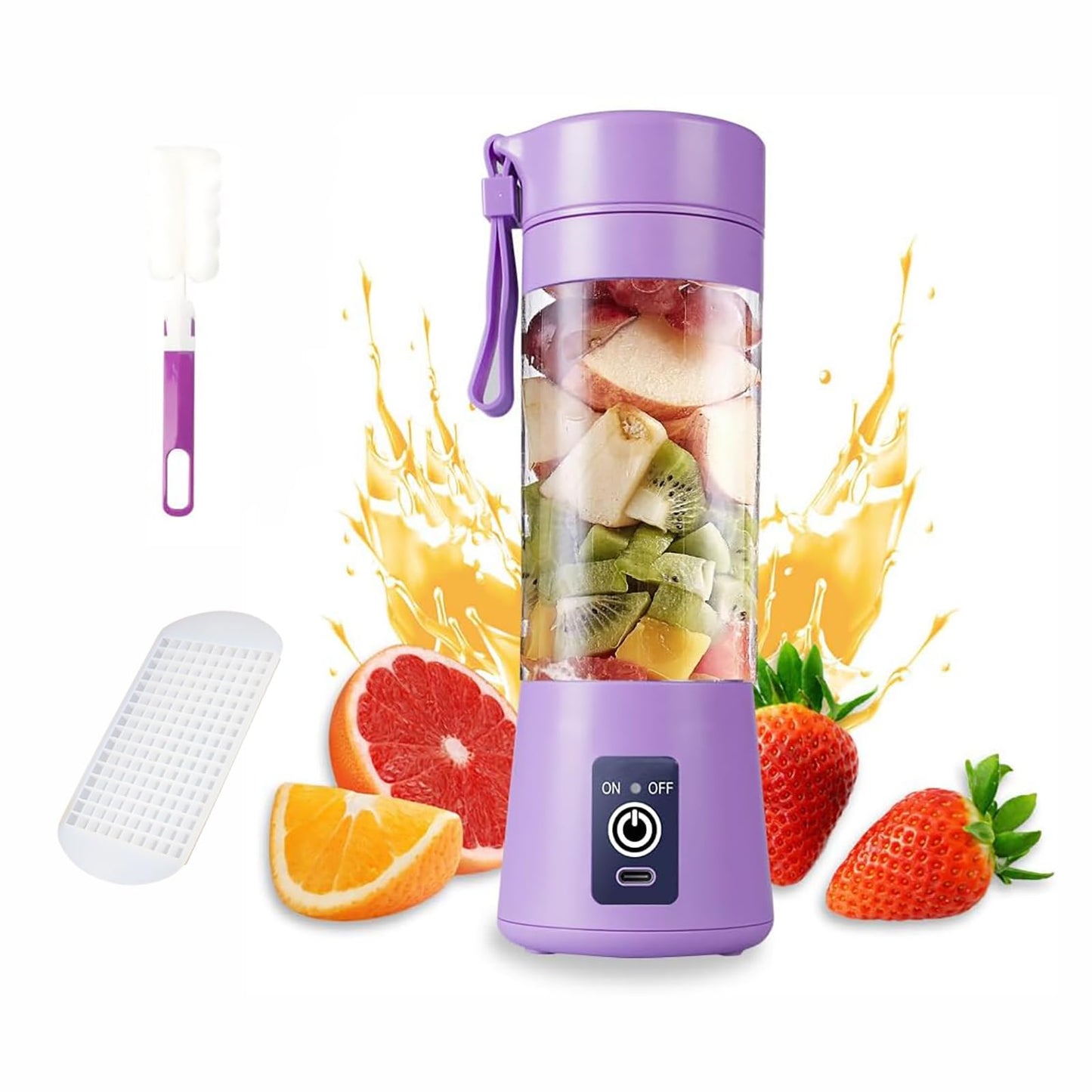 Batidora portátil, 150 watt para batidos y smoothies, 400 ml batidora de viaje recargable por USB, botella sin BPA (Con Cepillo Esponja Morado*1 + Ice Lattice*1)