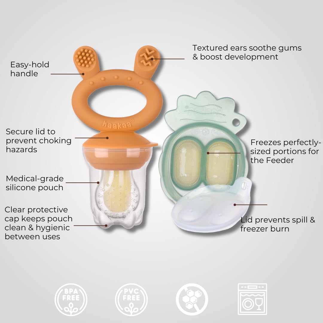 Haakaa Freeze-N-Feed Mini Combo con alimentador de comida de silicona y bandeja de mordiscos mini de silicona | Alimentador autónomo de alimentos sólidos para bebé | Molde de almacenamiento y
