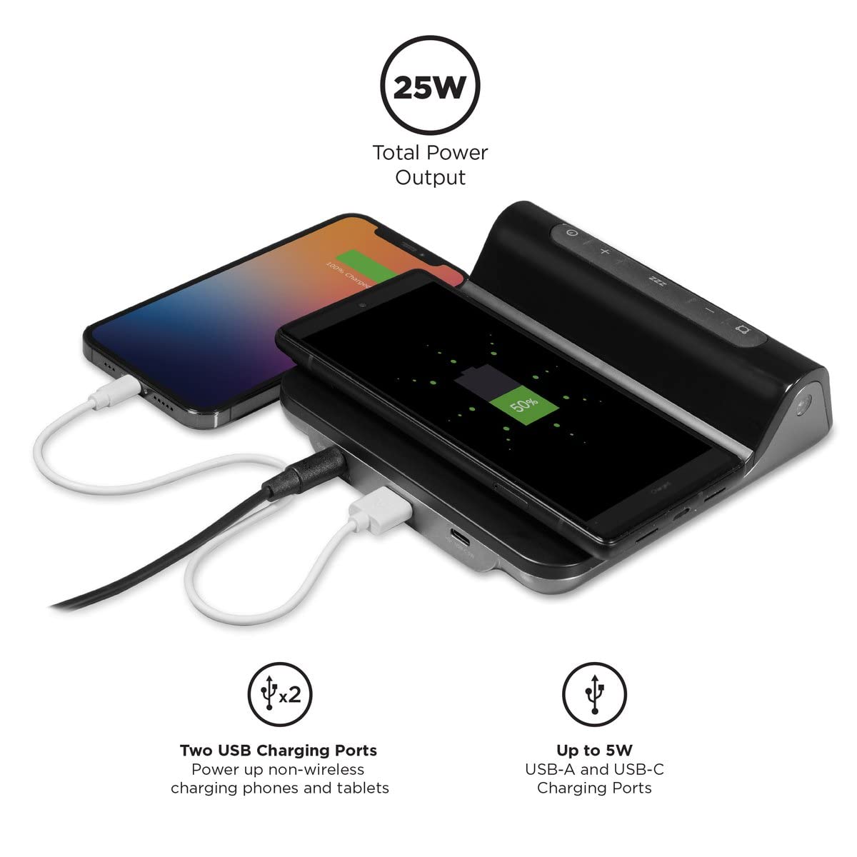 iHome 3 en 1 Reloj magnético de carga inalámbrica rápida para dispositivos habilitados Magsafe, carga USB-C y USB-A, salida de potencia total de 25 W (iW23)