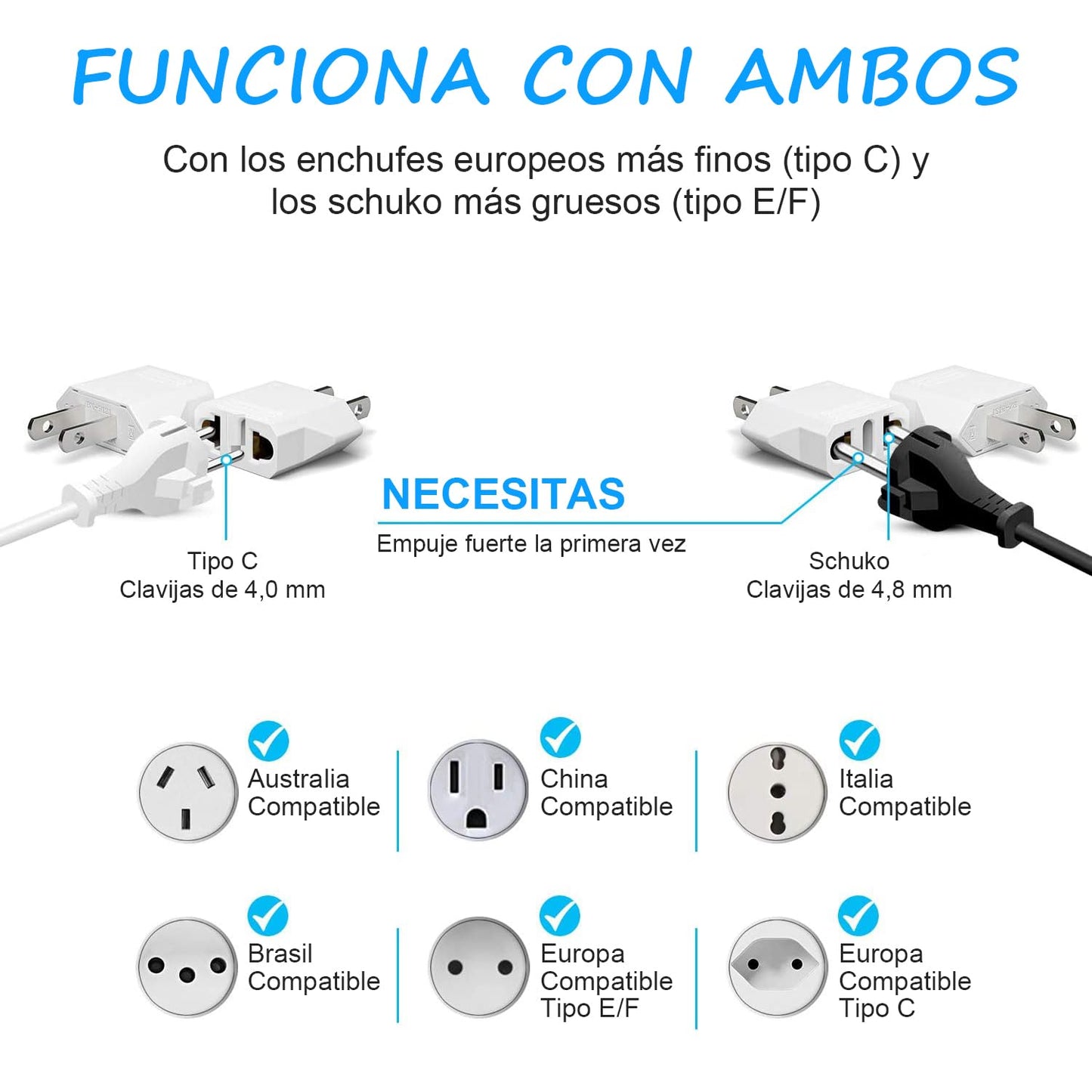 Adaptador de Enchufe MHKBD Blanco, Pequeño Adaptador de Viaje, Europa a EE.UU. y México