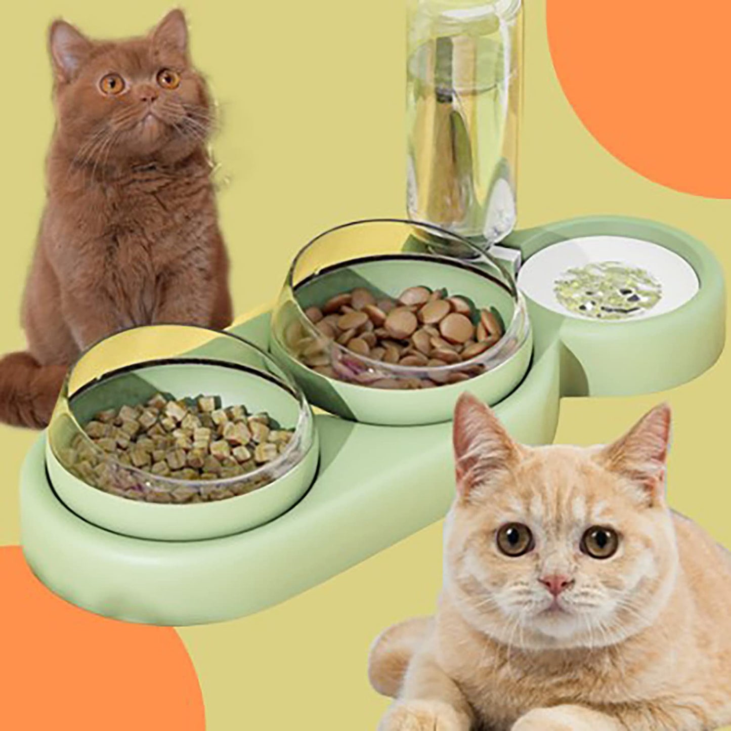 AMONIDA Plato Triple para Mascotas, Diseño Inclinable, Juego de Tazones de Agua para Mascotas, Protección de la Columna Cervical, Inodoro con Botella de Agua, Gato y Perro (Verde)