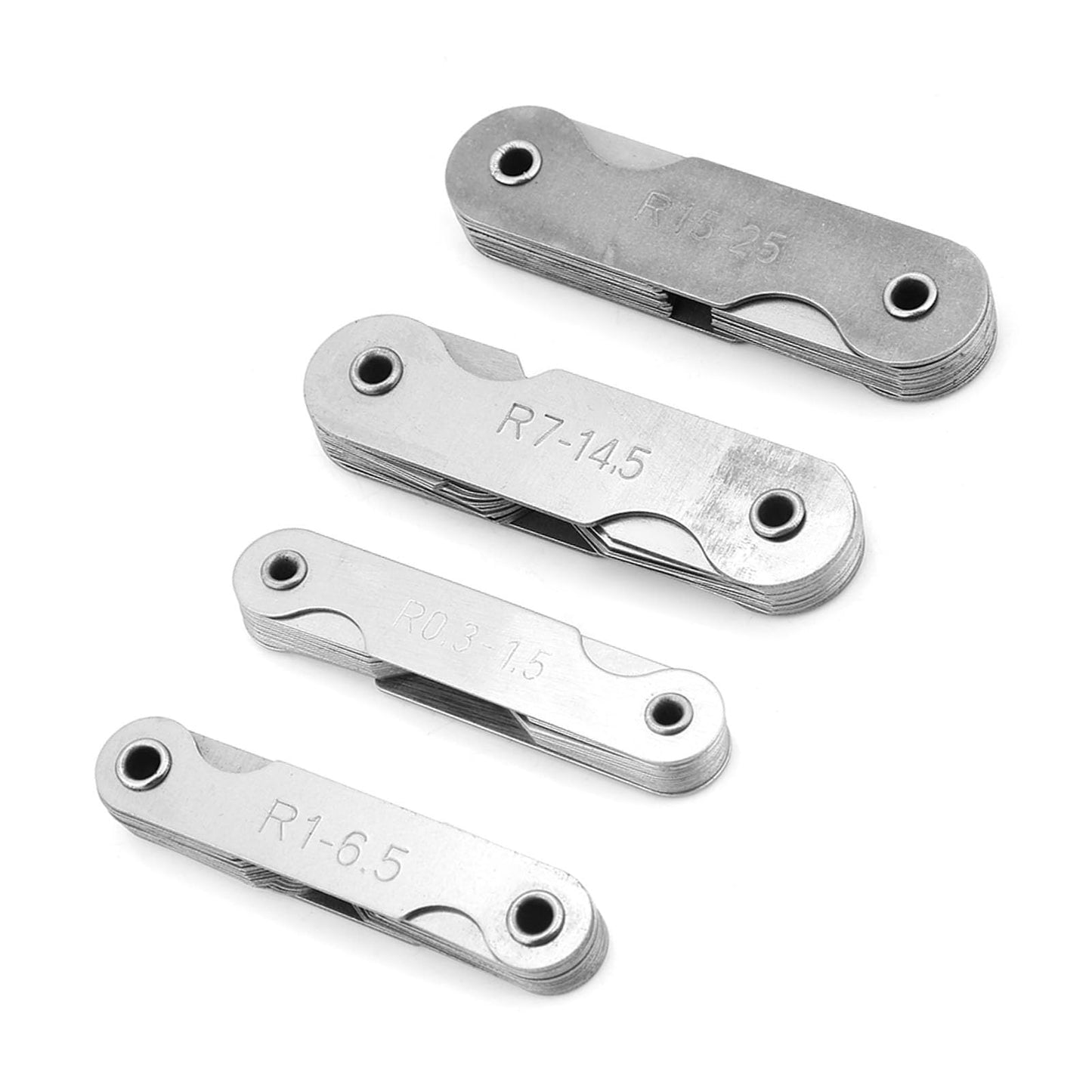 Hyuduo 4Pcs Radio Calibradores Acero Inoxidable Cóncavas/Convexos Medidor de Arco Herramienta de Medida de Bolsillo R0.3-1.5 / R1-6.5 / R7-14.5 / R15-25Mm Reemplazo de Gage