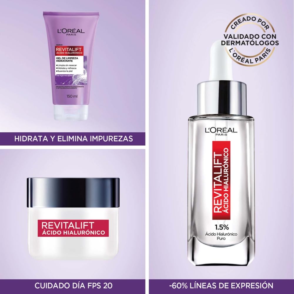 L'ORÉAL Paris Revitalift Ácido Hialurónico Kit (3 pzas) | Sérum, Gel Limpiador, Crema hidratante FPS20