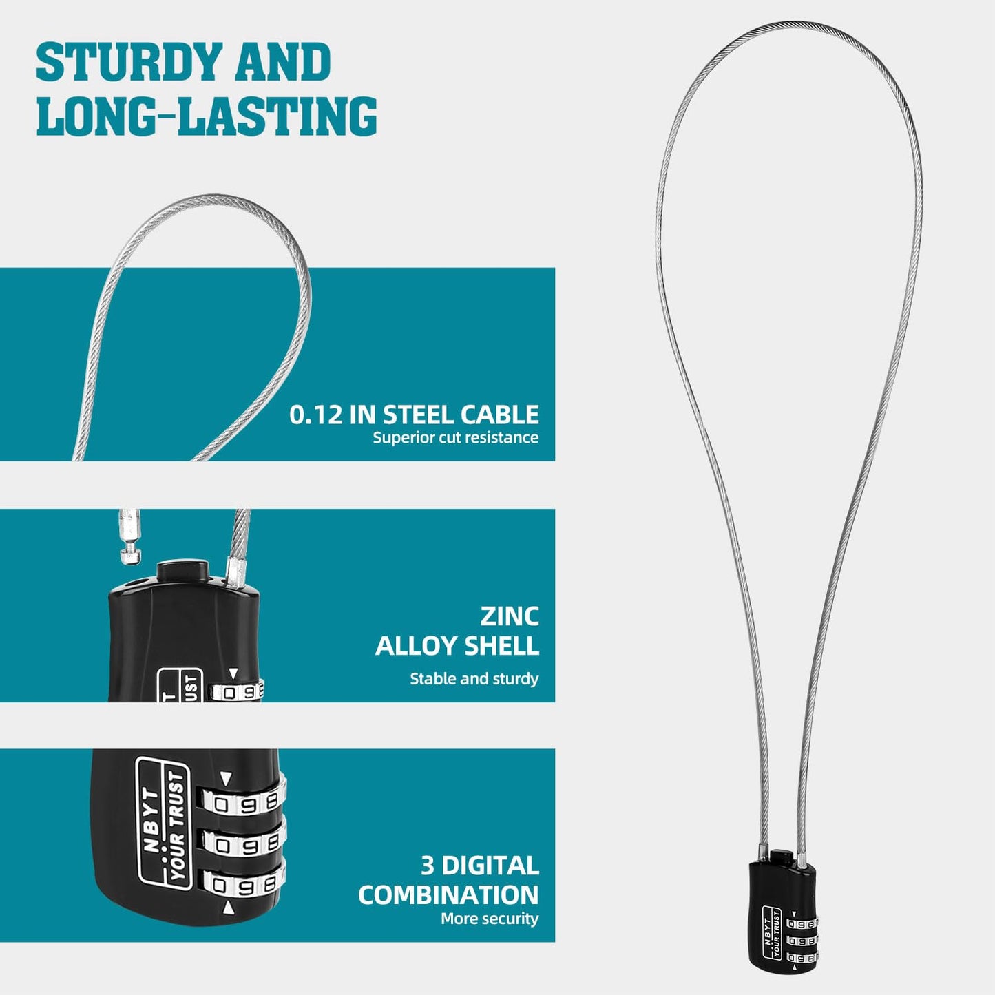 Lawnize - Candado de cable de alambre con código reiniciable, aleación de zinc, casco, equipaje y candado de snowboard