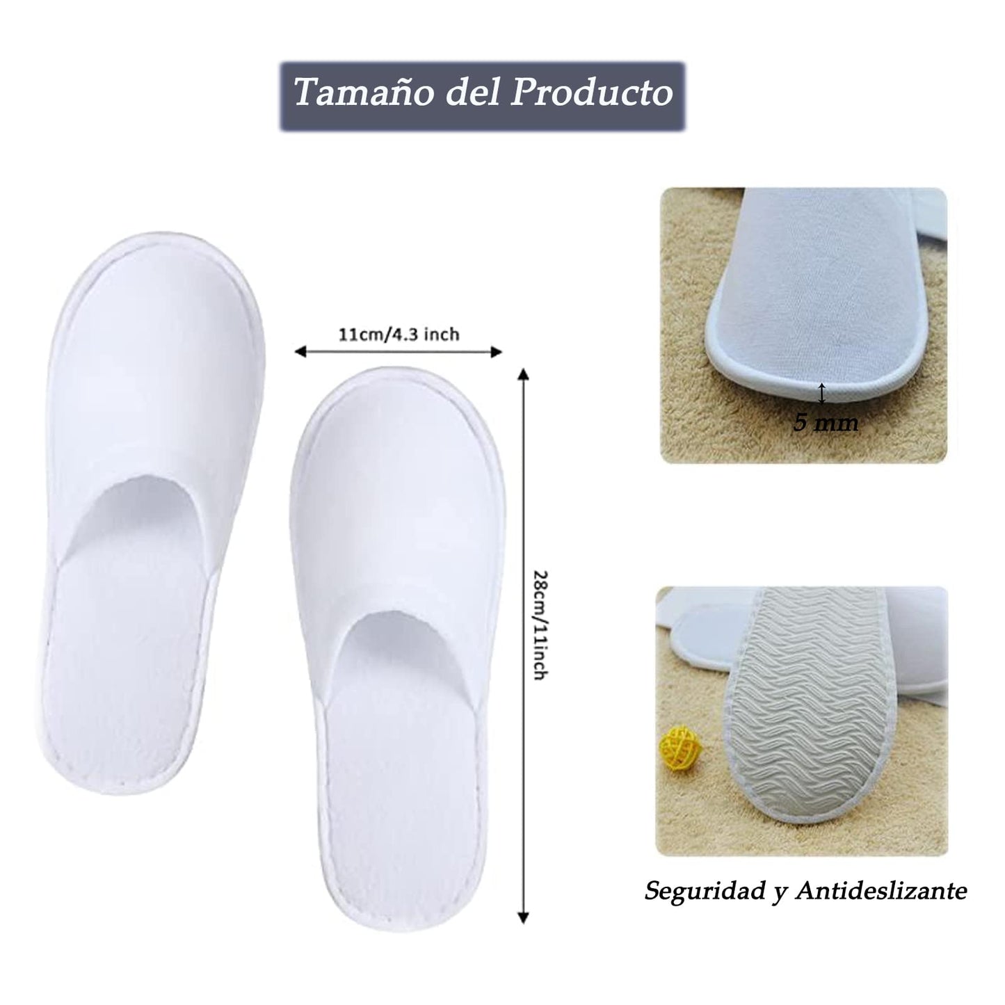Pack de 10 Pares de Pantuflas Desechables para Spa - Cómodas y Antideslizantes - Ideal para Hogar, Viajes, Fiestas y Hoteles - Talla Única (Blanco)