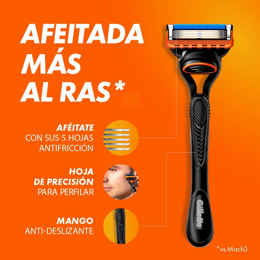 GILLETTE Fusion5, Rastrillo para Afeitar Reutilizable, 1 Mango + 1 Cartucho con 5 Hojas para Rasurar la Barba al Ras, Rastrillo para Hombre