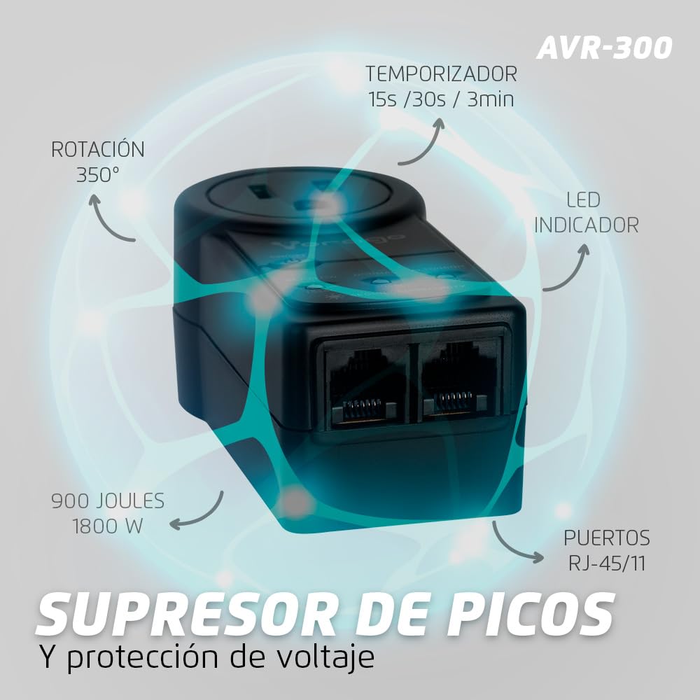 Protector de Voltaje Vorago AVR-300 Gris con Supresor de Picos 900 Joules para PC y Electrodomésticos