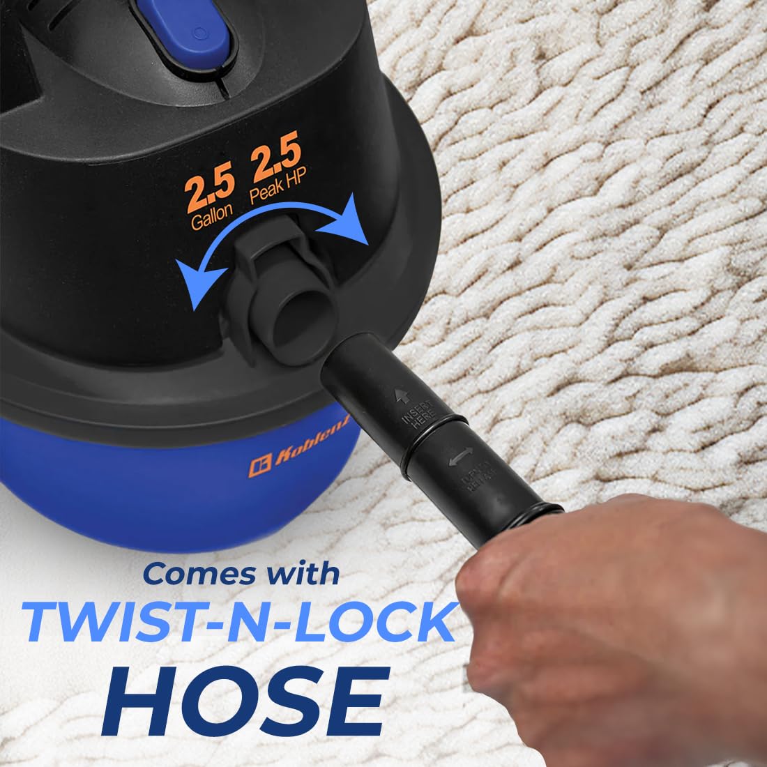 Koblenz WD-2.5 L – Aspiradora Seco Mojado 3 en 1 con Sistema de Expulsión de Aire, 2.5 Galones de Capacidad y Motor de 2.5 HP, Aspiradora para Auto, Portátil con Soporte de Pared y Cochera, Accesorios