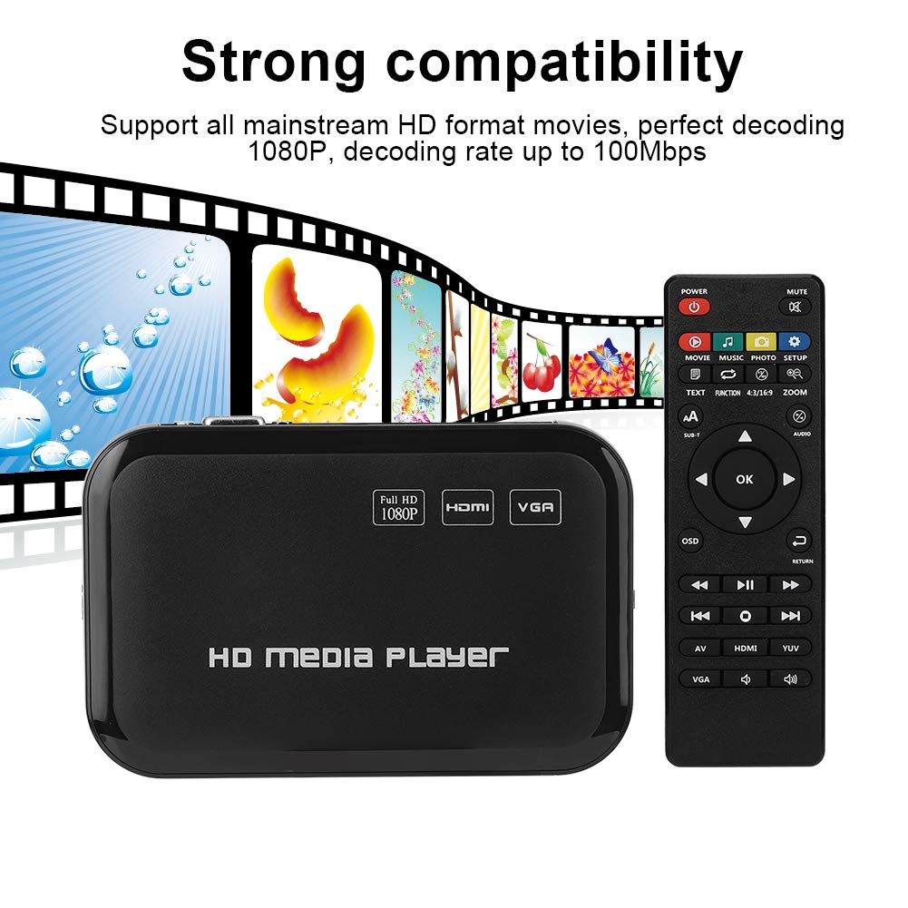 Eboxer HDMI Reproductor Multimedia, Mini 1080p VGA AV Video Media Player para-MKV/AVI Soporte U Disco/Tarjeta SD/Disco Duro Móvil(US Plug)