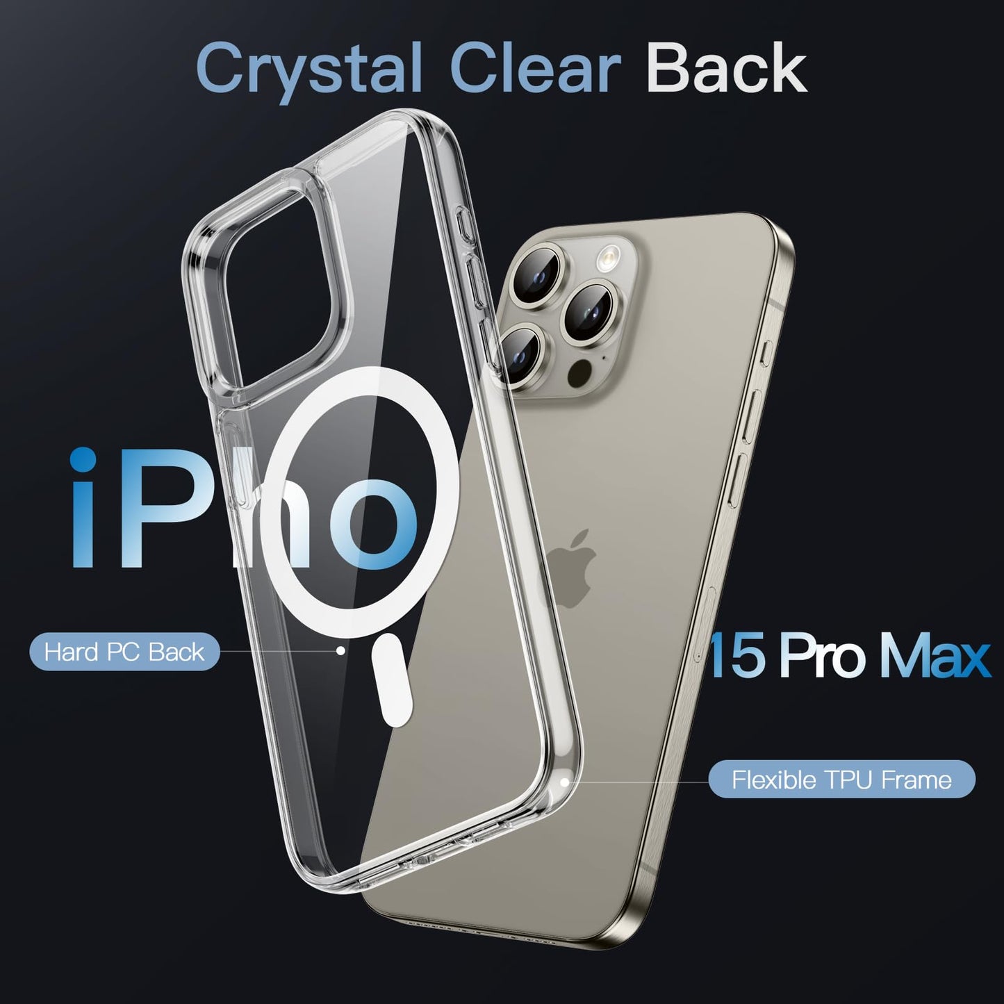 JETech Funda Magnética para iPhone 15 Pro MAX 6.7 Pulgadas, Compatible con MagSafe Carga Inalámbrica, Carcasa Antigolpes, Parte Trasera Transparente Anti-Arañazos (Transparente)
