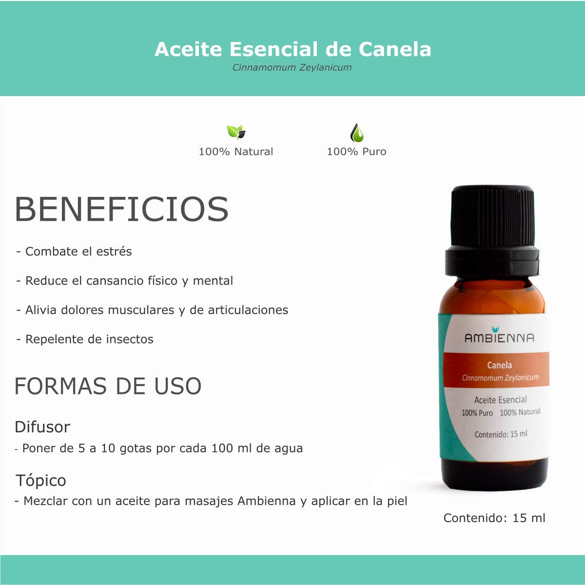 Aceite Esencial Ambienna Canela 100% Natural y Puro para Difusor o Spa 15 ml