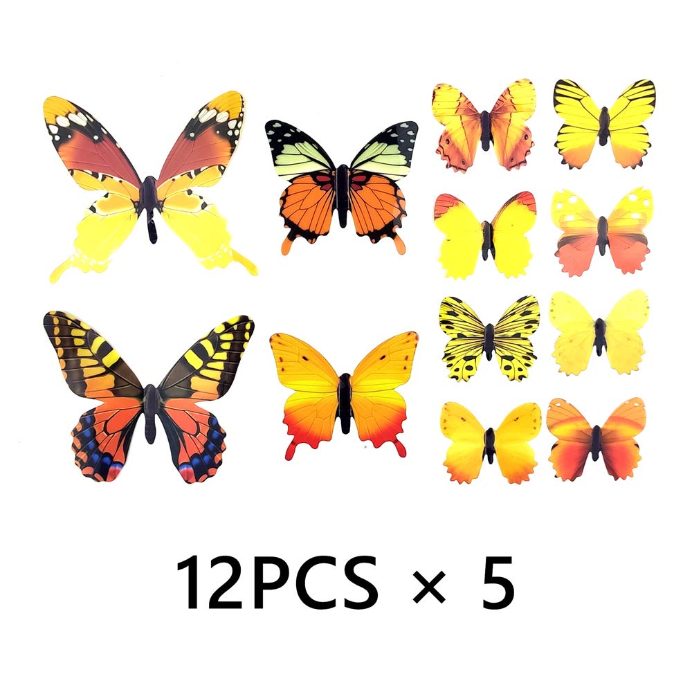 60 pegatinas de pared con diseño de mariposas en 3D, decoración para pared, decoración del hogar, habitación de los niños y recámara (amarillo)