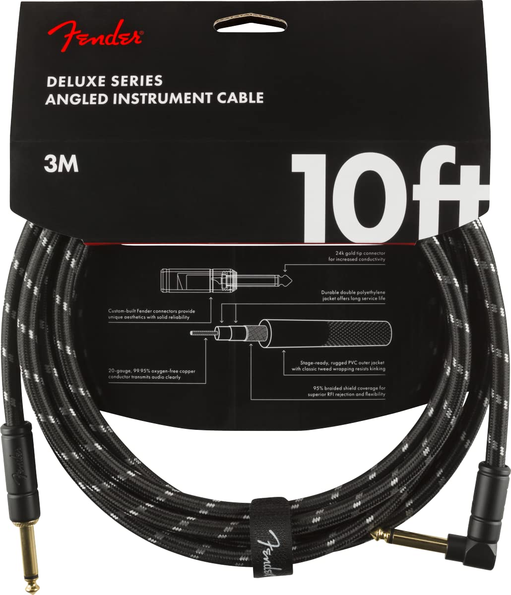 Fender Deluxe Series - Cable para instrumentos, recto/ángulo, tweed negro, 10 pies