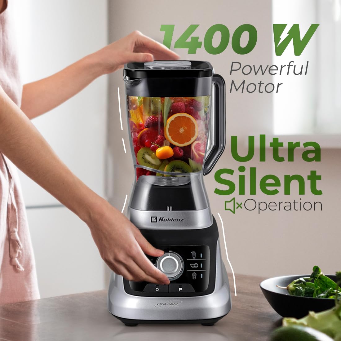 Koblenz Licuadora Profesional LKM-9610, Tecnología Reversible, 1400W, 2L Vaso Tritán +2 Vasos Personales 900ml, Perilla de Velocidad Ajustable, 6 Programas Automáticos, Sistema Metálico, Plateado