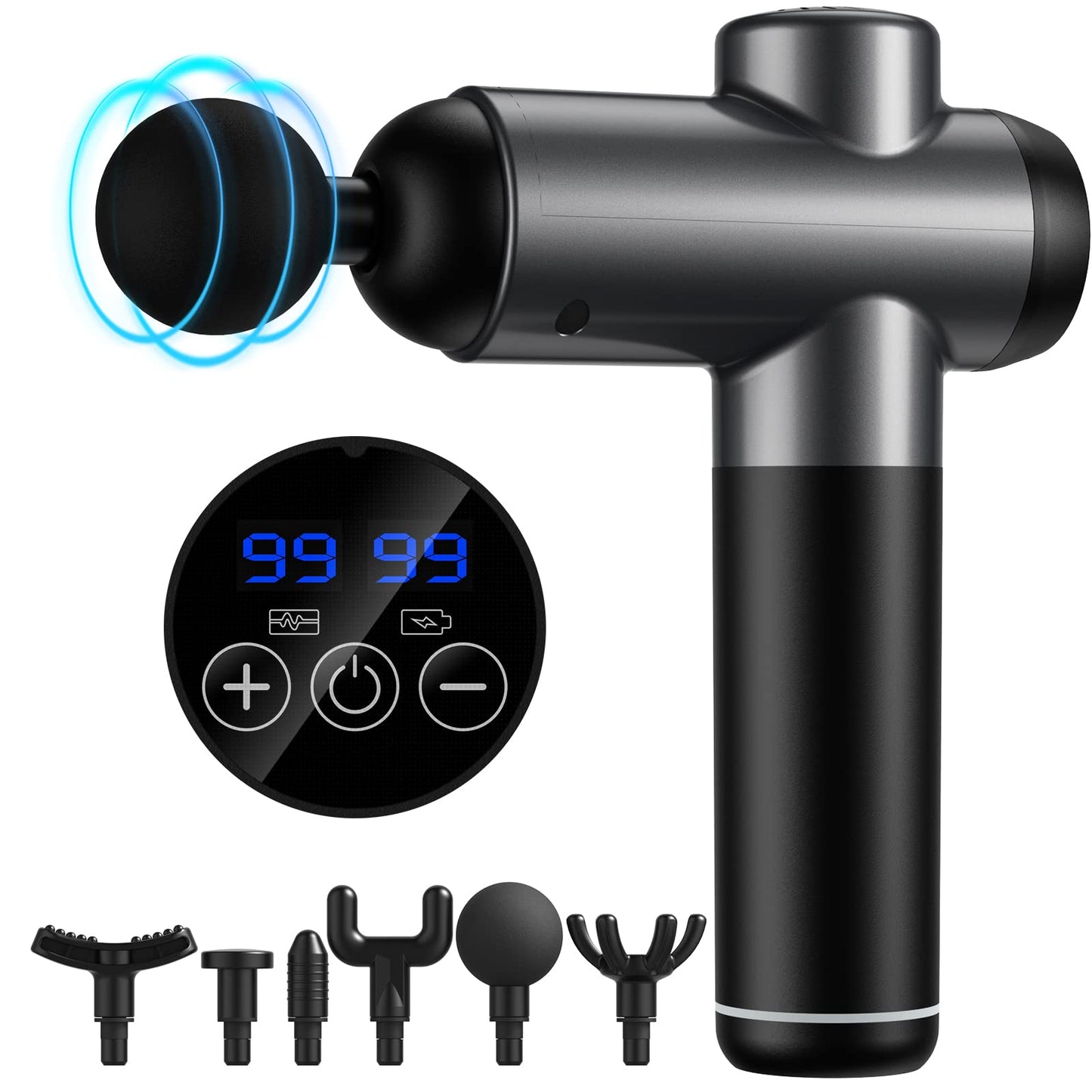 Pistola de masaje - Masajeador de tejido profundo, masajeador muscular, masajeador de percusión potente de 99 velocidades con pantalla táctil LCD, pistola de masaje muscular de mano con 6 cabezales de masaje para aliviar el dolor muscular