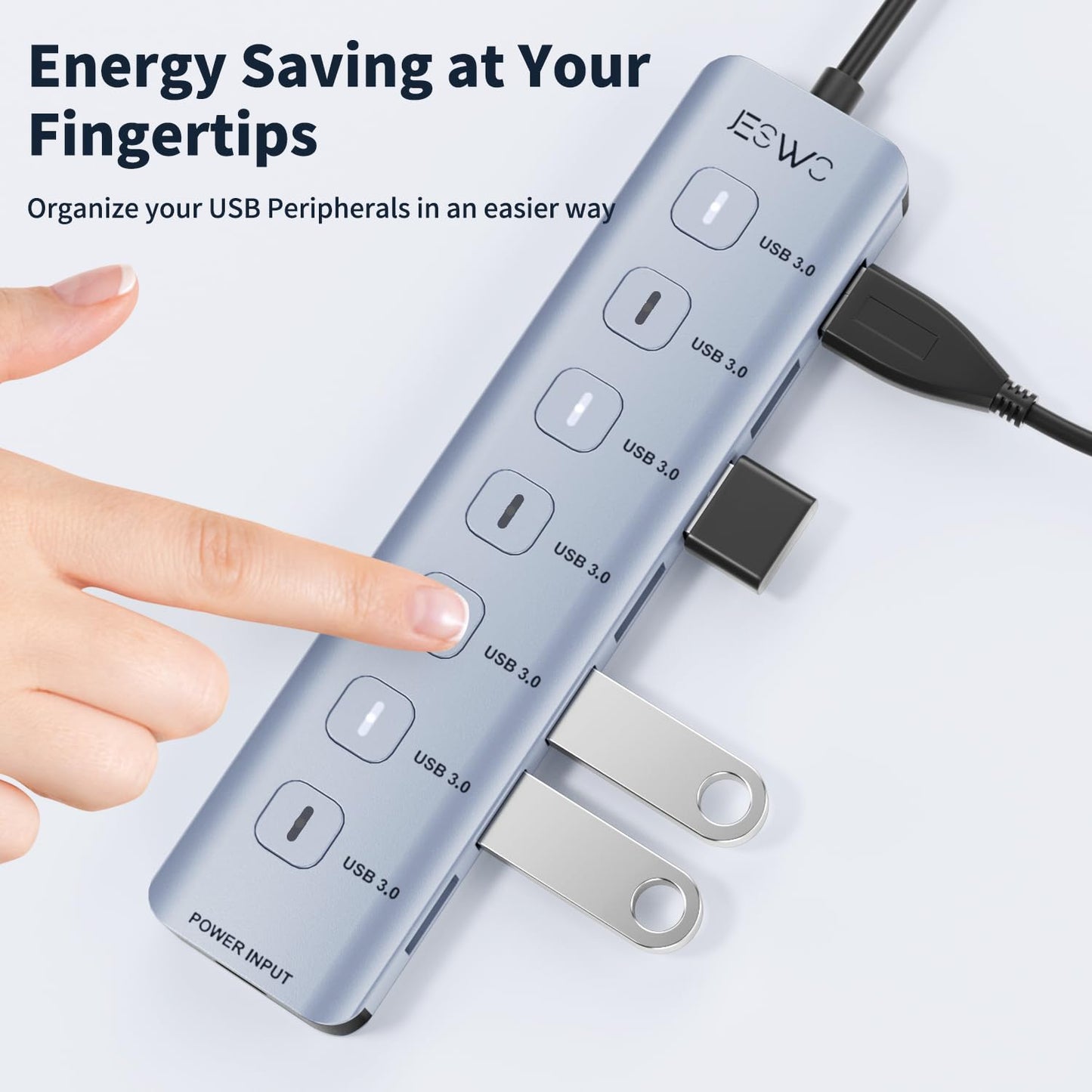 JESWO Hub USB 3.0, 7 Puertos Adaptador USB de Aluminio con LED e Interruptores, Cable de Extensión de 1m, Multi USB para PC, Portátil, Macbook Pro etc.