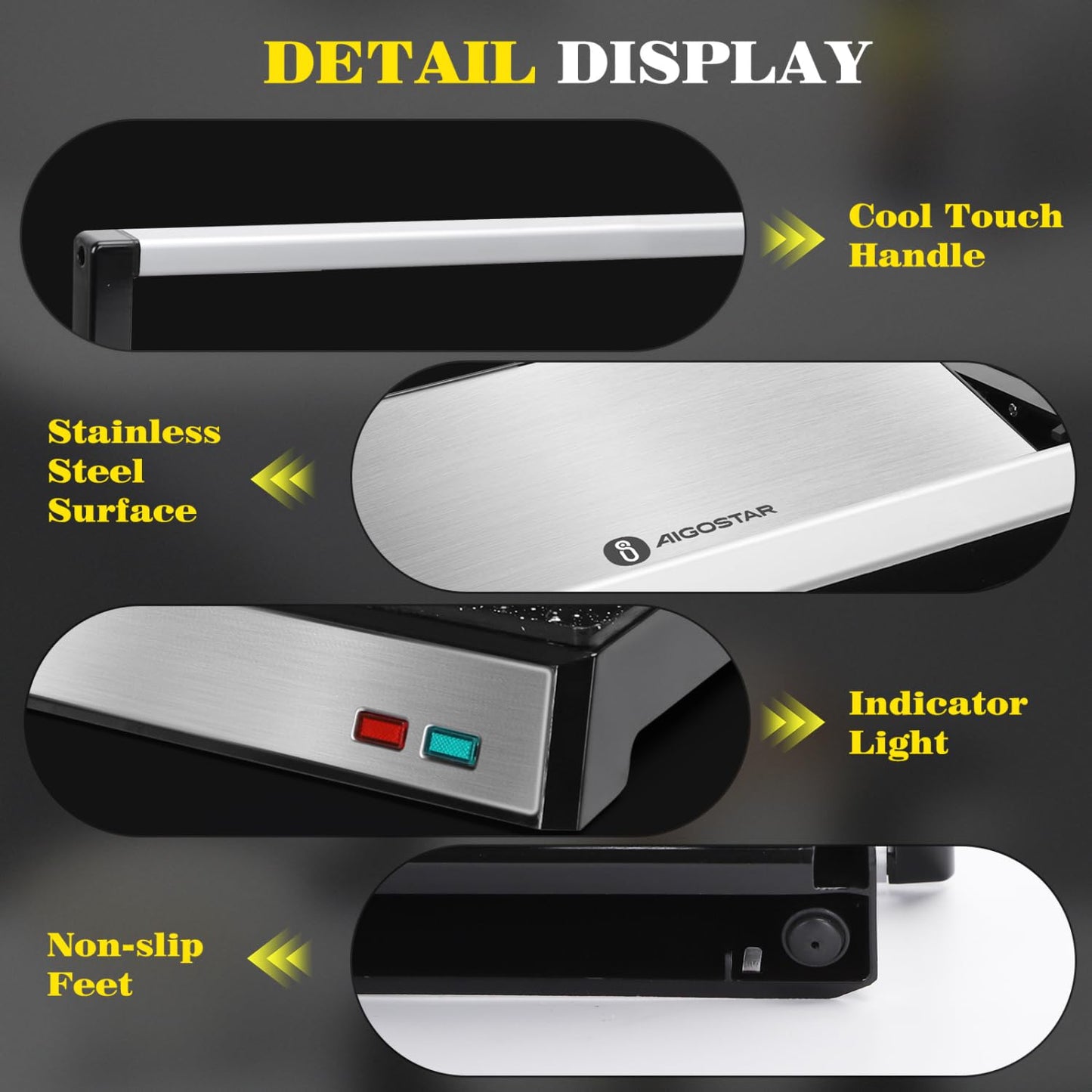 Aigostar Prensa Panini, 1200 W, Parrilla Eléctrica Interior, Placas de Cerámica Antiadherentes, Abre 180° para Adaptarse a Cualquier Tamaño de Alimentos, Negro