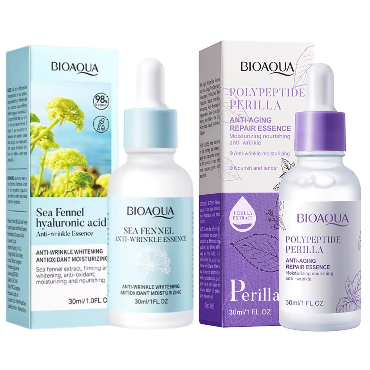Duo Serum Cuidado Facial Perilla Y Sea Fennel Bioaqua Skin ácido hialurónico Esencia Hidratante Facial Polipéptido Perilla Anti-Envejecimiento Reparación Sérica Nutritivo Antiarrugas