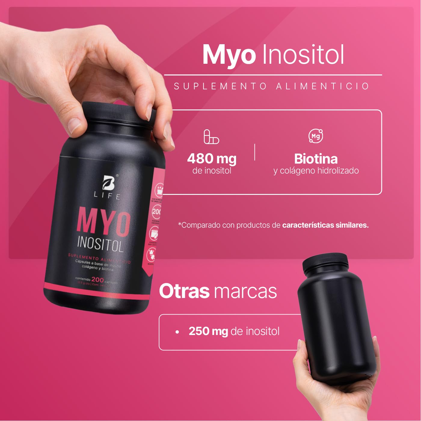 B Life Company | Inositol de 200 Cápsulas de 500 mg. Ingredientes naturales. Myo Inositol.